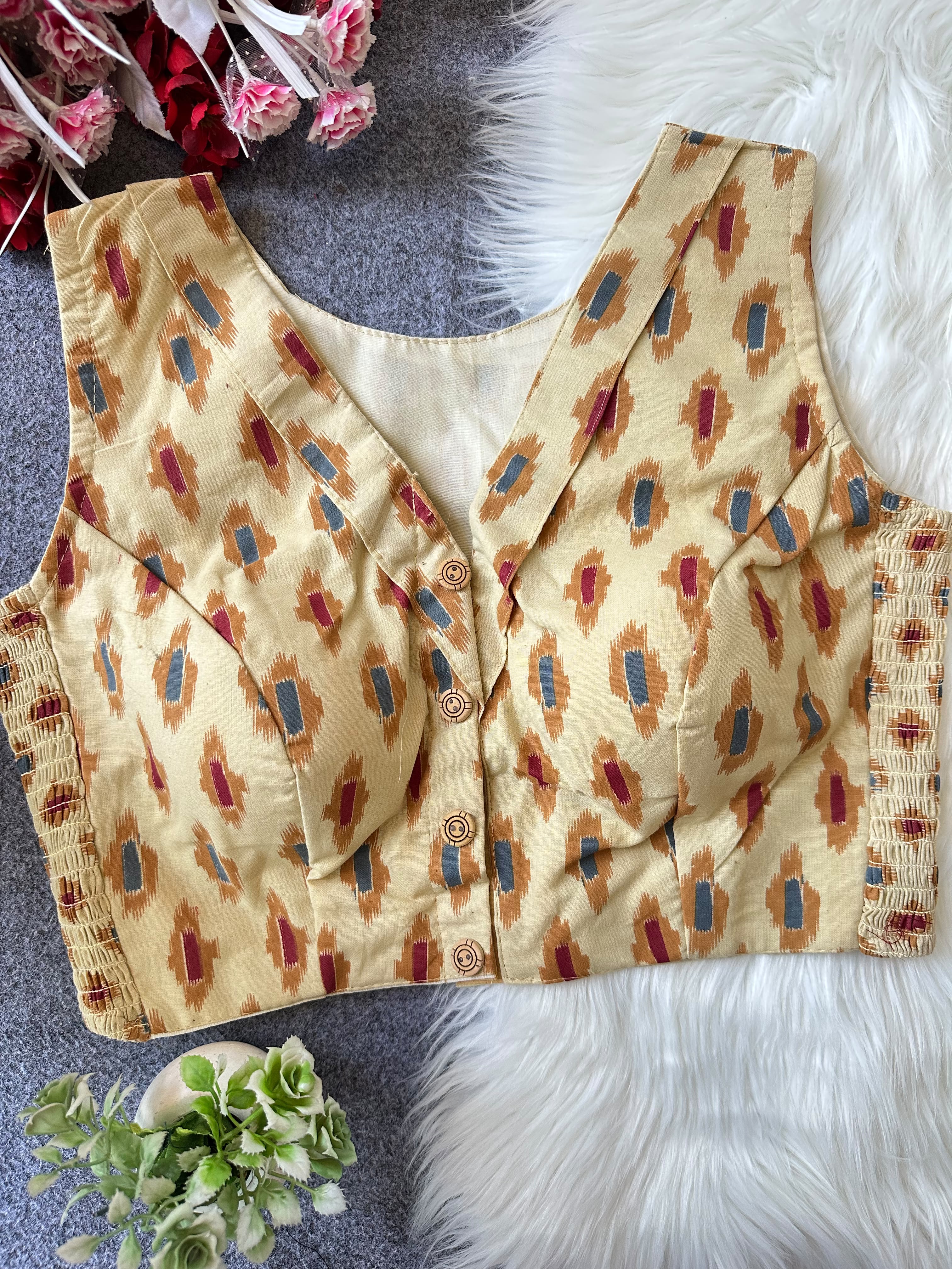 Flexi Fit Pure Ajrakh Cotton Stretchable Blouse-Ivory with Yellow tint